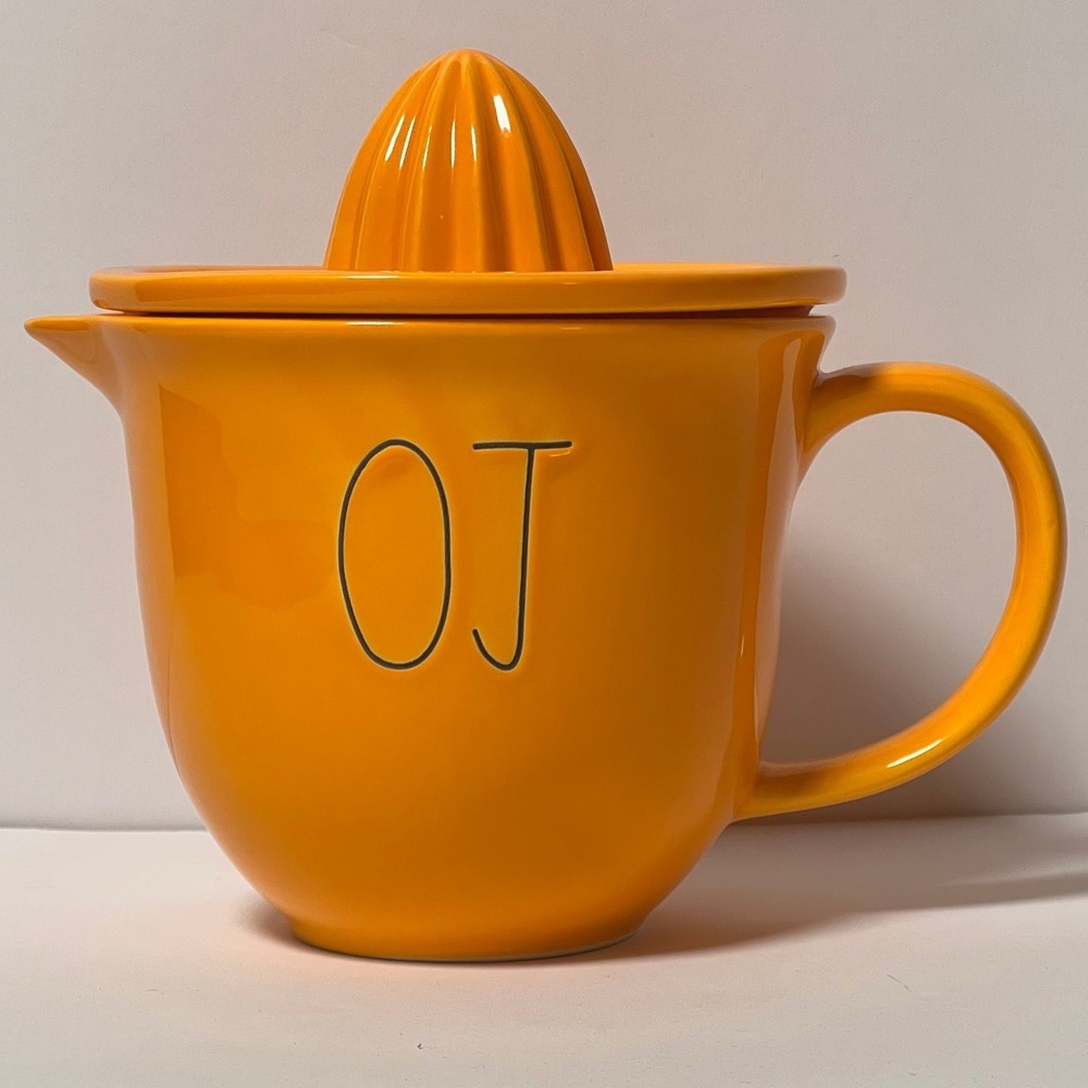 Rae Dunn OJ Ceramic Citrus Juicer Orange Farmhouse Cup with Reamer Lid